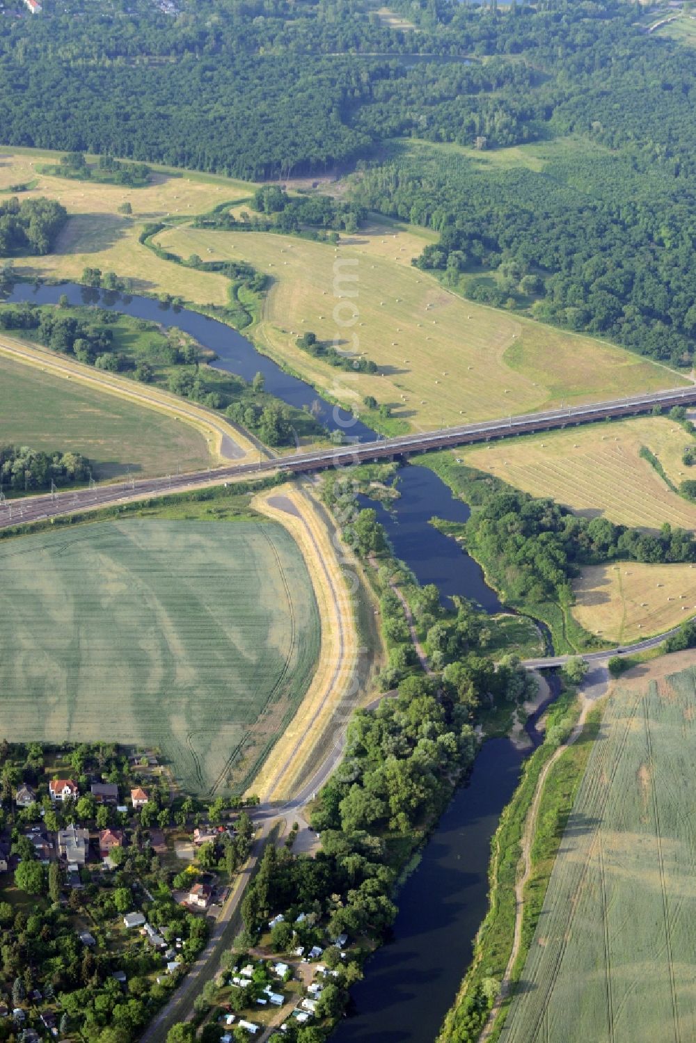 Biederitz from above - Railway bridge construction to route the train tracks over the Elbe in Biederitz in the state Saxony-Anhalt