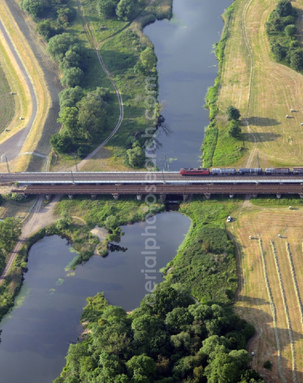 Aerial image Biederitz - Railway bridge construction to route the train tracks over the Elbe in Biederitz in the state Saxony-Anhalt