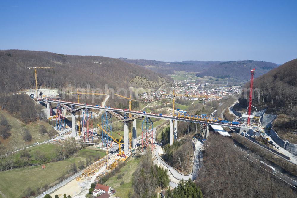 Mühlhausen im Täle from the bird's eye view: Viaduct of the railway bridge structure for the route of the railway tracks Filstalbruecke in Muehlhausen im Taele in the federal state of Baden-Wuerttemberg, Germany