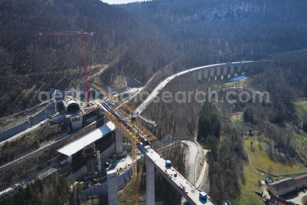 Mühlhausen im Täle from the bird's eye view: Viaduct of the railway bridge structure for the route of the railway tracks Filstalbruecke in Muehlhausen im Taele in the federal state of Baden-Wuerttemberg, Germany