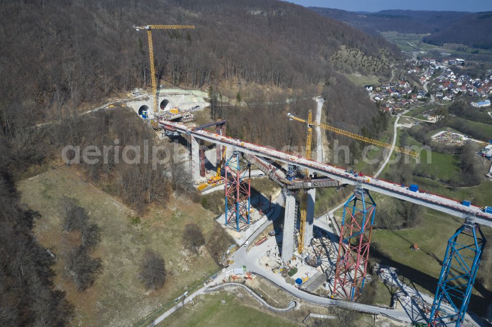 Mühlhausen im Täle from above - Viaduct of the railway bridge structure for the route of the railway tracks Filstalbruecke in Muehlhausen im Taele in the federal state of Baden-Wuerttemberg, Germany