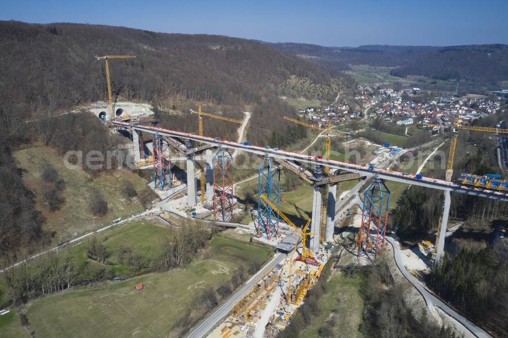 Mühlhausen im Täle from the bird's eye view: Viaduct of the railway bridge structure for the route of the railway tracks Filstalbruecke in Muehlhausen im Taele in the federal state of Baden-Wuerttemberg, Germany