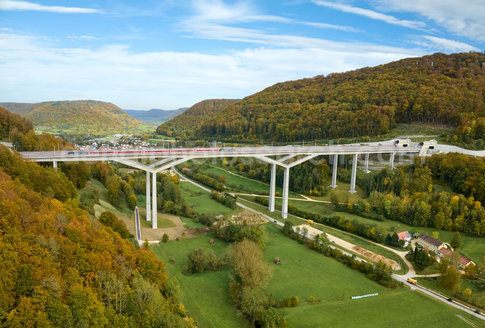 Mühlhausen im Täle from above - Viaduct of the railway bridge structure for the route of the railway tracks Filstalbruecke in Muehlhausen im Taele in the federal state of Baden-Wuerttemberg, Germany