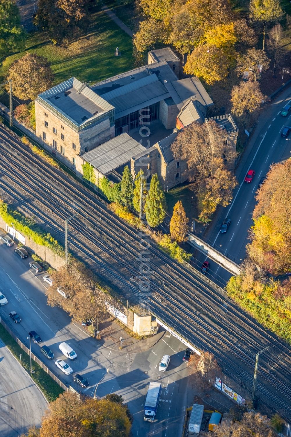 Witten from the bird's eye view: Railway bridge building to route the train tracks Gasstrasse - Ruhrstrasse in Witten in the state North Rhine-Westphalia