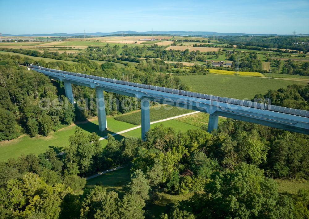 Markgröningen from above - Railway bridge building to route the train tracks Glemstalbruecke on street Kunstholzen in Markgroeningen in the state Baden-Wuerttemberg, Germany