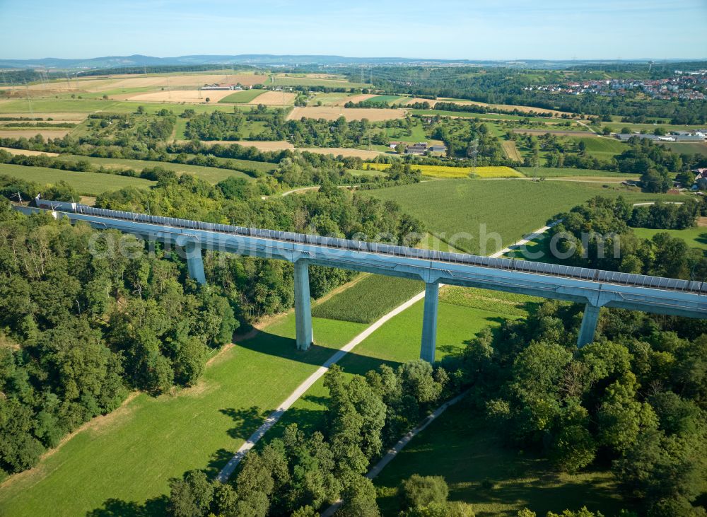 Markgröningen from above - Railway bridge building to route the train tracks Glemstalbruecke on street Kunstholzen in Markgroeningen in the state Baden-Wuerttemberg, Germany