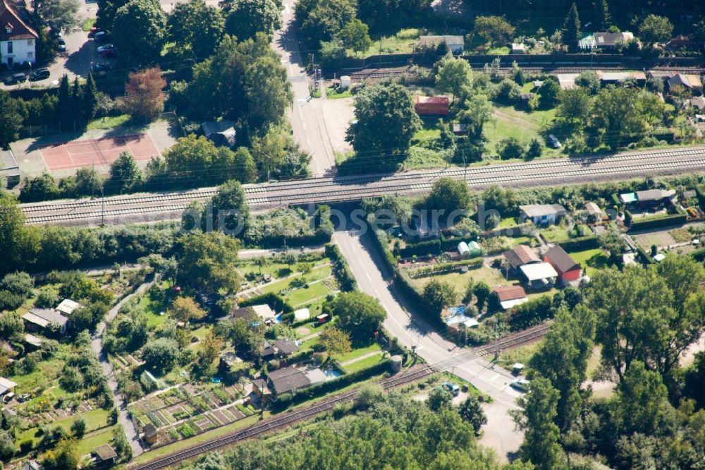 Aerial photograph Karlsruhe - Railway bridge building to route the train tracks in Karlsruhe in the state Baden-Wuerttemberg