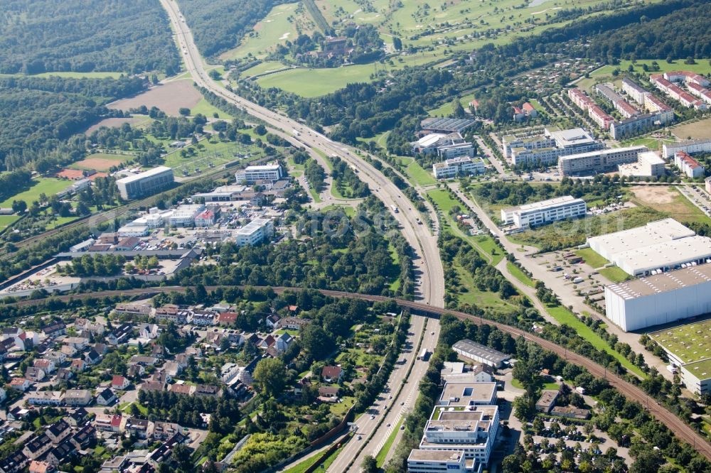 Karlsruhe from above - Railway bridge building to route the train tracks in Karlsruhe in the state Baden-Wuerttemberg