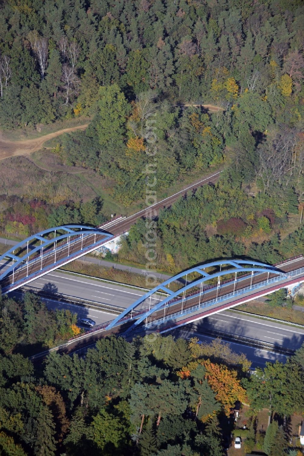 Neuenhagen bei Berlin from above - Railway bridge structure to route the railway tracks in Neuenhagen in the state Brandenburg