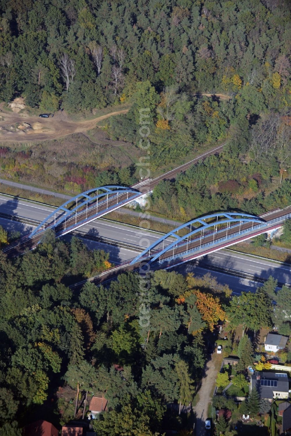 Neuenhagen bei Berlin from the bird's eye view: Railway bridge structure to route the railway tracks in Neuenhagen in the state Brandenburg