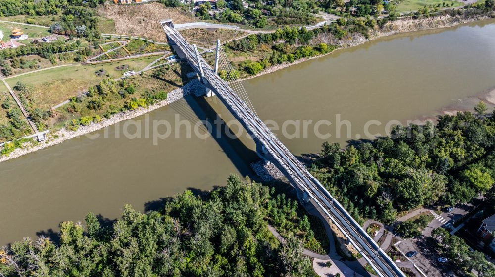 Aerial photograph Edmonton - Railway bridge building of Tawatina LRT Bridge to route the train tracks across North Saskatchewan River on street 95 Street in Edmonton in Alberta, Canada