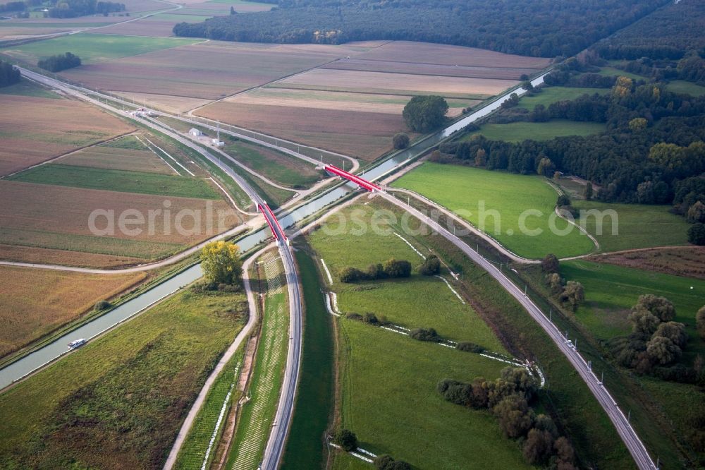 Aerial image Eckwersheim - Railway bridge building to route the train tracks for the fast train (TGV) line Strasbourg-Paris over the channel Rhin-Rhone in Eckwersheim in Grand Est, France
