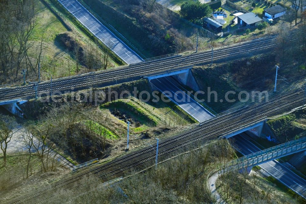 Aerial image Michendorf - Railway bridge building to route the train tracks to the federal street B2 in Michendorf in the state Brandenburg, Germany