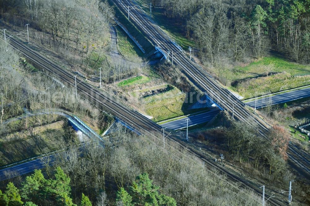 Michendorf from above - Railway bridge building to route the train tracks to the federal street B2 in Michendorf in the state Brandenburg, Germany