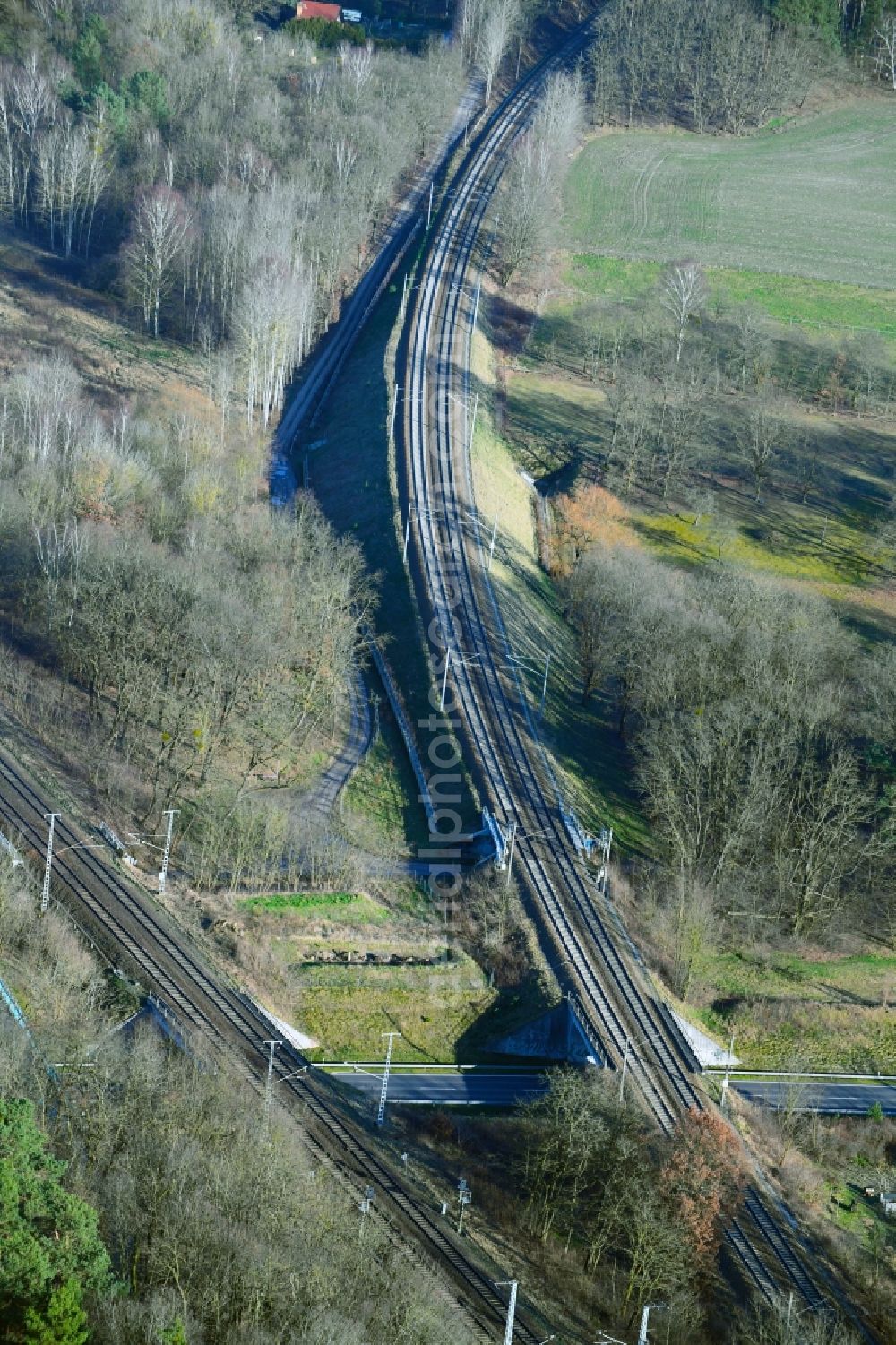 Aerial image Michendorf - Railway bridge building to route the train tracks to the federal street B2 in Michendorf in the state Brandenburg, Germany