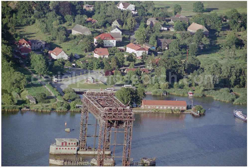 Bugewitz from above - Ruins of the railway bridge structure for routing the railway tracks Karnin Hubbruecke on the Szczecin Lagoon in Bugewitz in the state Mecklenburg - Western Pomerania, Germany