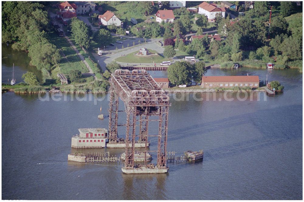 Bugewitz from the bird's eye view: Ruins of the railway bridge structure for routing the railway tracks Karnin Hubbruecke on the Szczecin Lagoon in Bugewitz in the state Mecklenburg - Western Pomerania, Germany