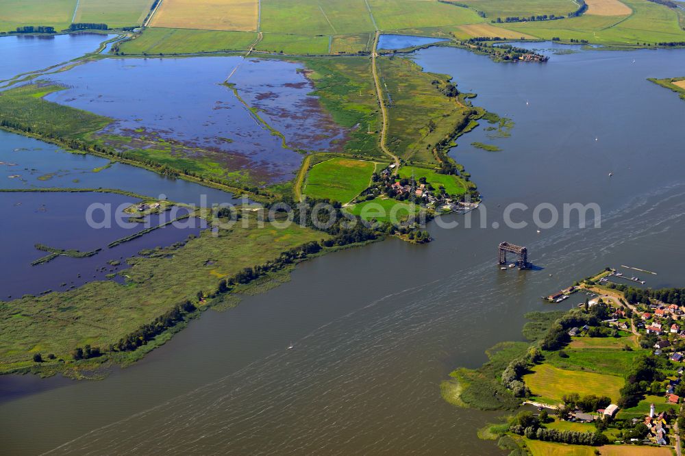 Bugewitz from the bird's eye view: Ruins of the railway bridge structure for routing the railway tracks Karnin Hubbruecke on the Szczecin Lagoon in Bugewitz in the state Mecklenburg - Western Pomerania, Germany