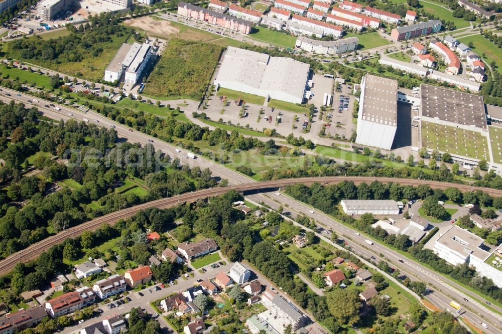 Karlsruhe from above - Routing the railway junction of rail and track systems Deutsche Bahn in Karlsruhe in the state Baden-Wuerttemberg