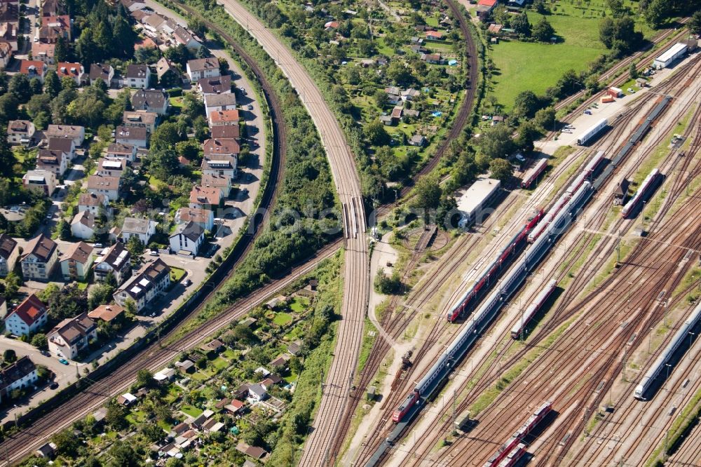 Karlsruhe from above - Routing the railway junction of rail and track systems Deutsche Bahn in Karlsruhe in the state Baden-Wuerttemberg