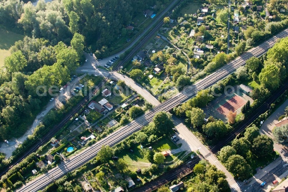 Karlsruhe from above - Routing the railway junction of rail and track systems Deutsche Bahn in Karlsruhe in the state Baden-Wuerttemberg