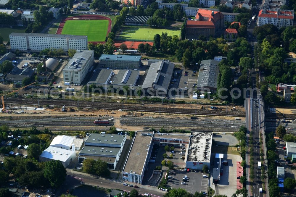 Aerial photograph Berlin Friedrichshain - Railway route expansion at the Modersohn Bridge along the Modersohnstrasse in the Friedrichshain district of Berlin