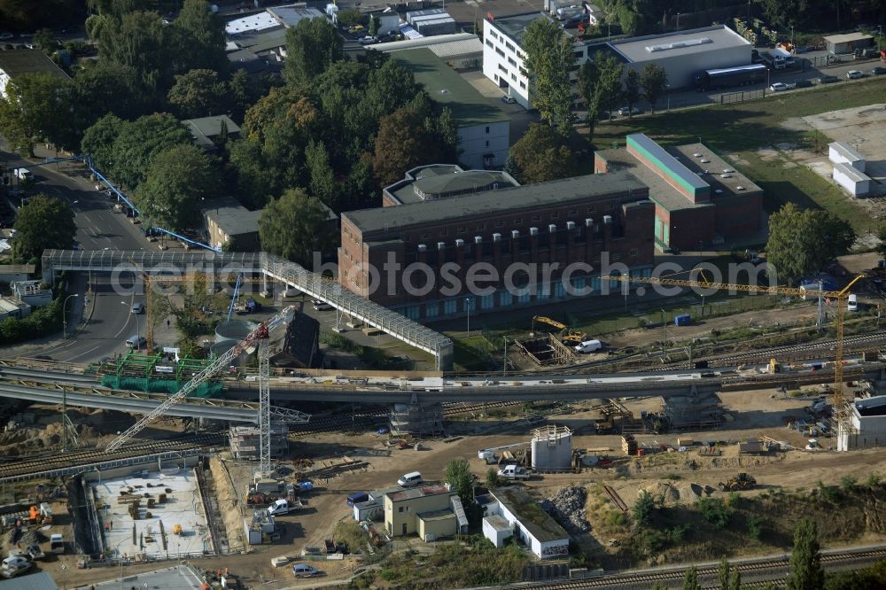 Berlin from above - Railway route expansion at the Modersohn Bridge along the Modersohnstrasse in the Friedrichshain district of Berlin