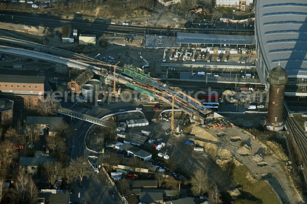 Aerial photograph Berlin - Railway route expansion at the Modersohn Bridge along the Modersohnstrasse in the Friedrichshain district of Berlin