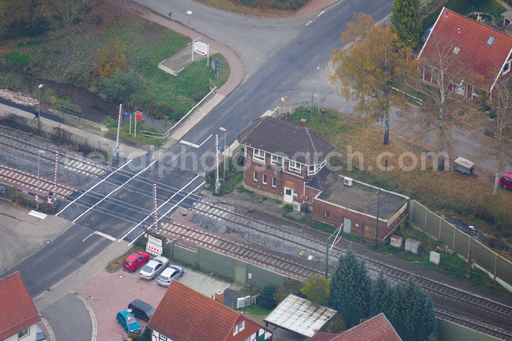 Friedland from the bird's eye view: Railway crossing and track systems Deutsche Bahn in Friedland in the state Lower Saxony