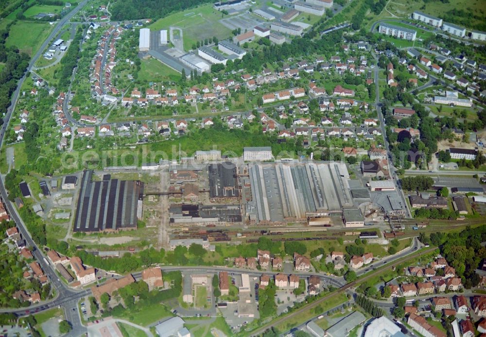 Meiningen from above - Railway depot and repair shop, maintenance and repair of locomotives - steam locomotive Am Flutgraben in Meiningen in the state Thuringia, Germany