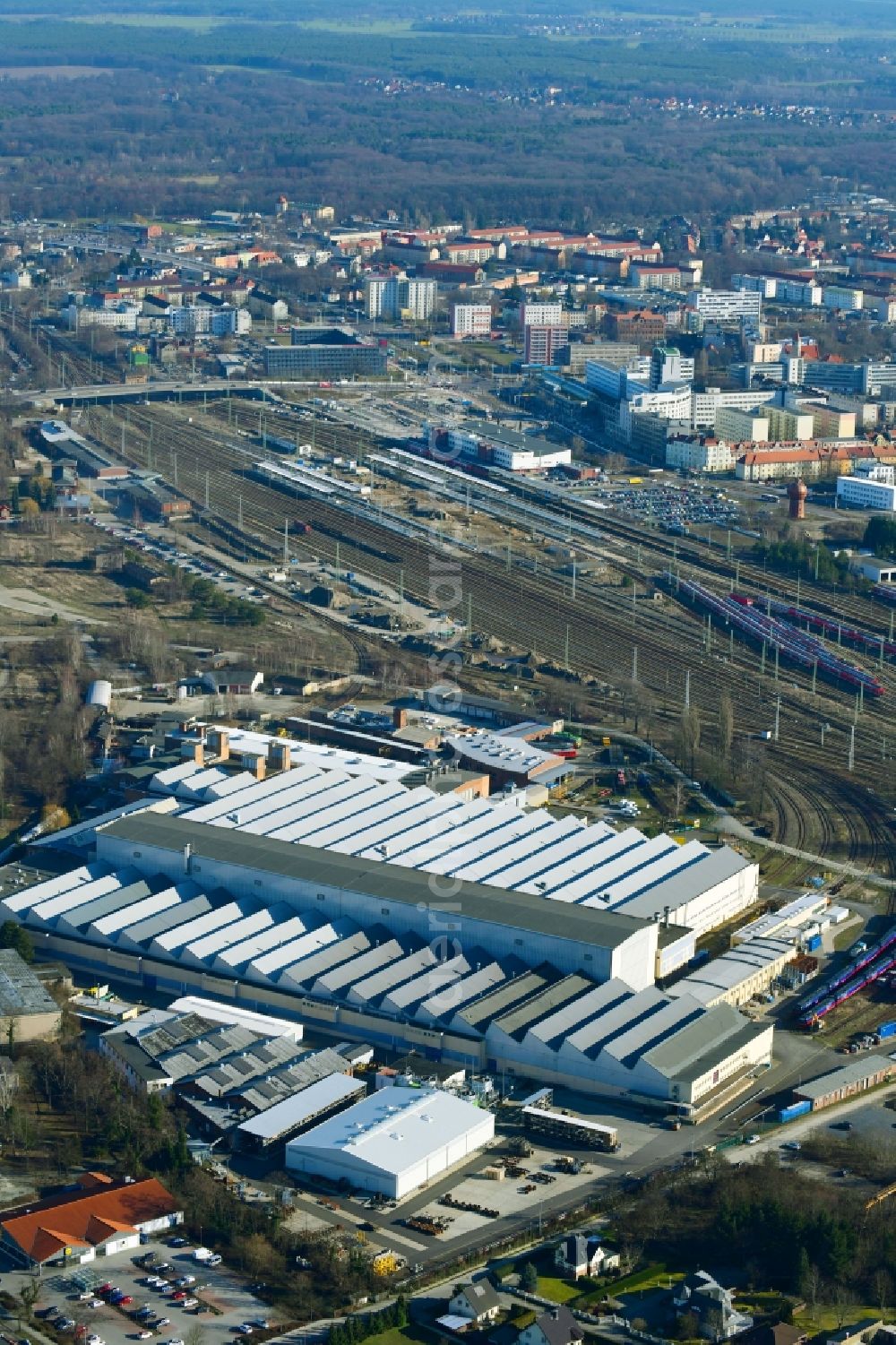 Aerial photograph Cottbus - Railway depot and repair work of DB Fahrzeuginstandhaltung GmbH in Cottbus in the federal state of Brandenburg, Germany