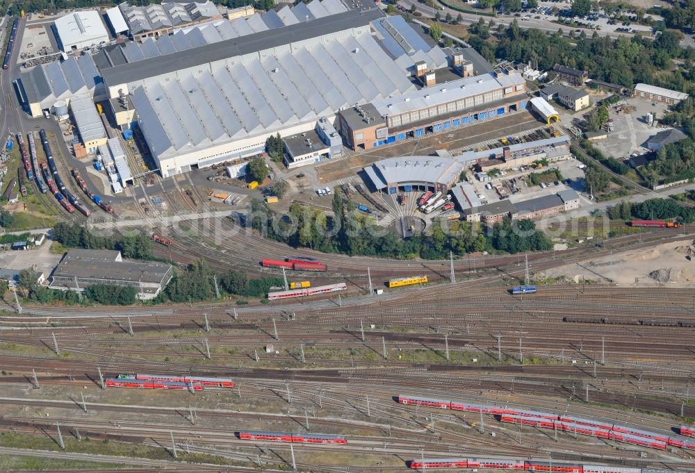 Cottbus from above - Railway depot and repair work of DB Fahrzeuginstandhaltung GmbH in Cottbus in the federal state of Brandenburg, Germany