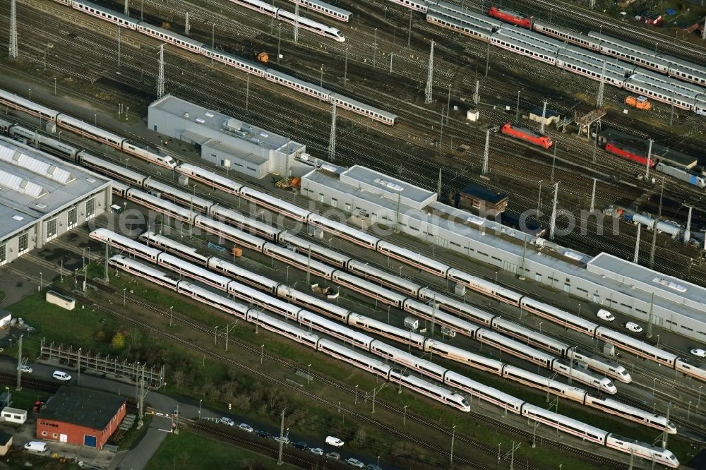 Berlin from above - Railway depot and repair shop for maintenance and repair of trains of passenger transport of ICE Werk Berlin Rummelsburg II on Saganer Street in Berlin in Germany