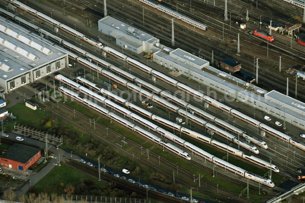 Aerial image Berlin - Railway depot and repair shop for maintenance and repair of trains of passenger transport of ICE Werk Berlin Rummelsburg II on Saganer Street in Berlin in Germany