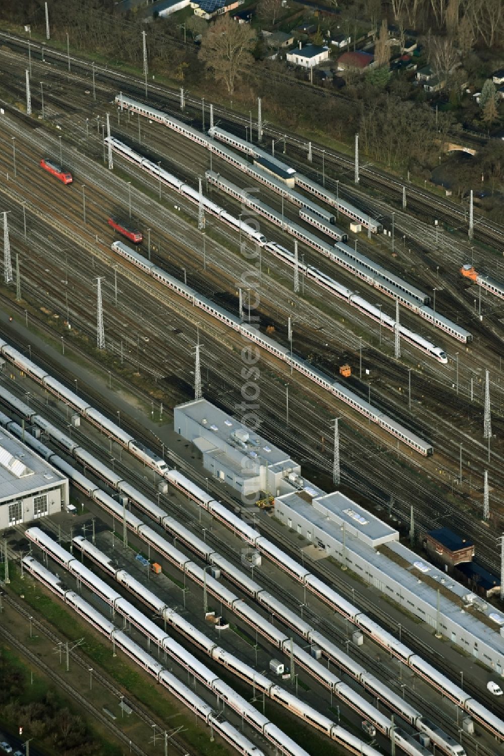 Berlin from above - Railway depot and repair shop for maintenance and repair of trains of passenger transport of ICE Werk Berlin Rummelsburg II on Saganer Street in Berlin in Germany