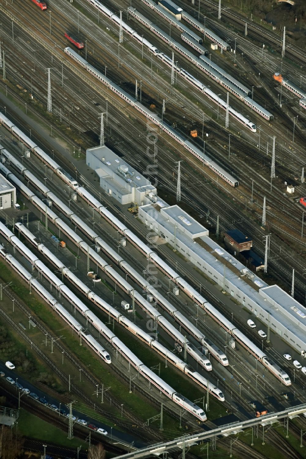 Berlin from the bird's eye view: Railway depot and repair shop for maintenance and repair of trains of passenger transport of ICE Werk Berlin Rummelsburg II on Saganer Street in Berlin in Germany