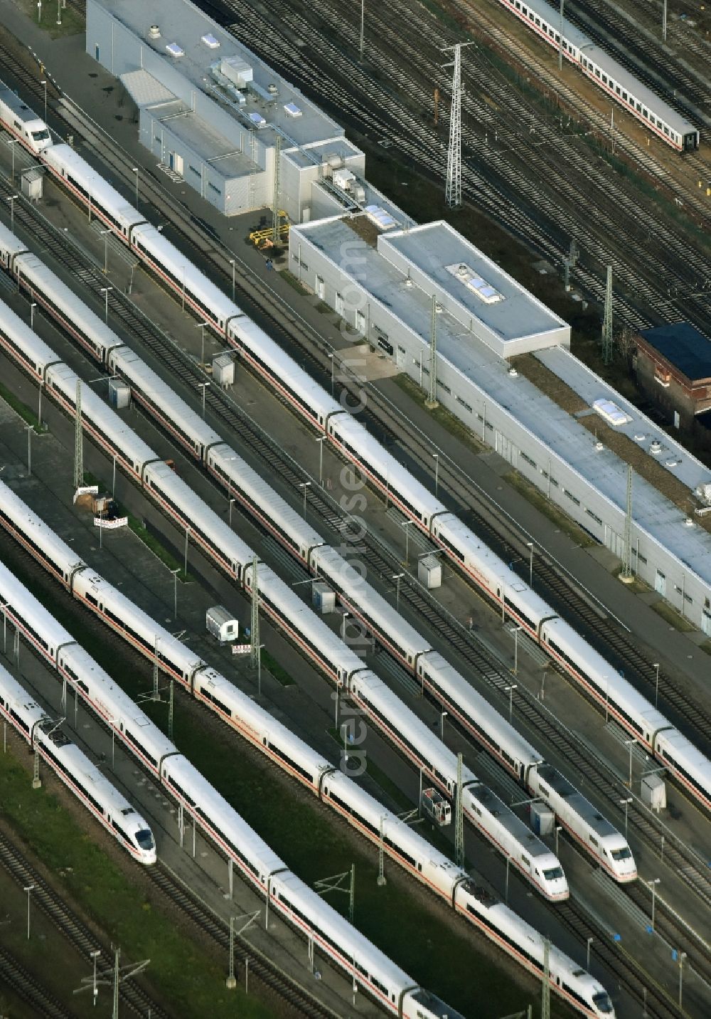 Aerial image Berlin - Railway depot and repair shop for maintenance and repair of trains of passenger transport of ICE Werk Berlin Rummelsburg II on Saganer Street in Berlin in Germany