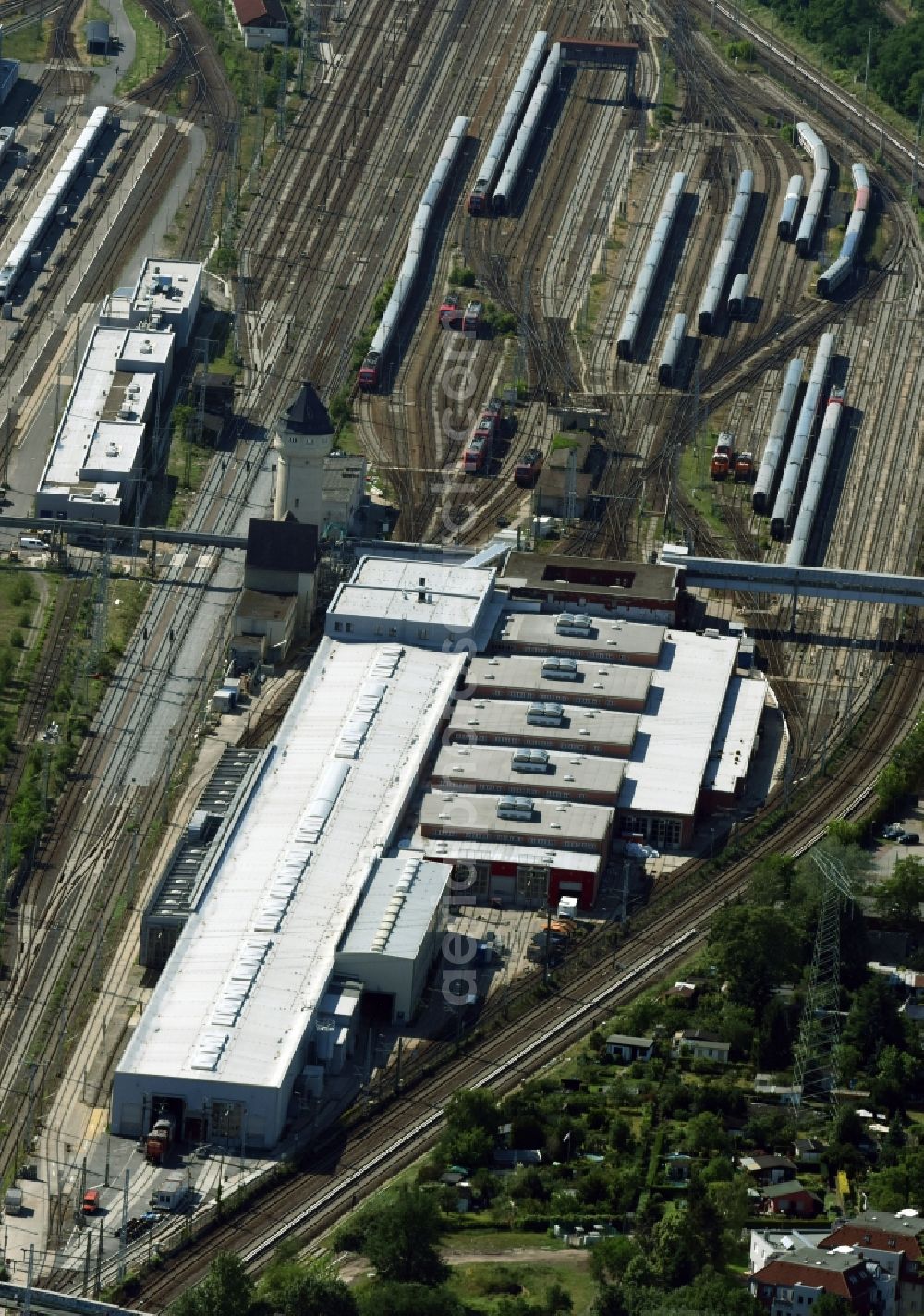 Aerial photograph Berlin - Railway depot and repair shop for maintenance and repair of trains of passenger transport of the series ICE Werk Berlin Rummelsburg II on Saganer Strasse in Berlin