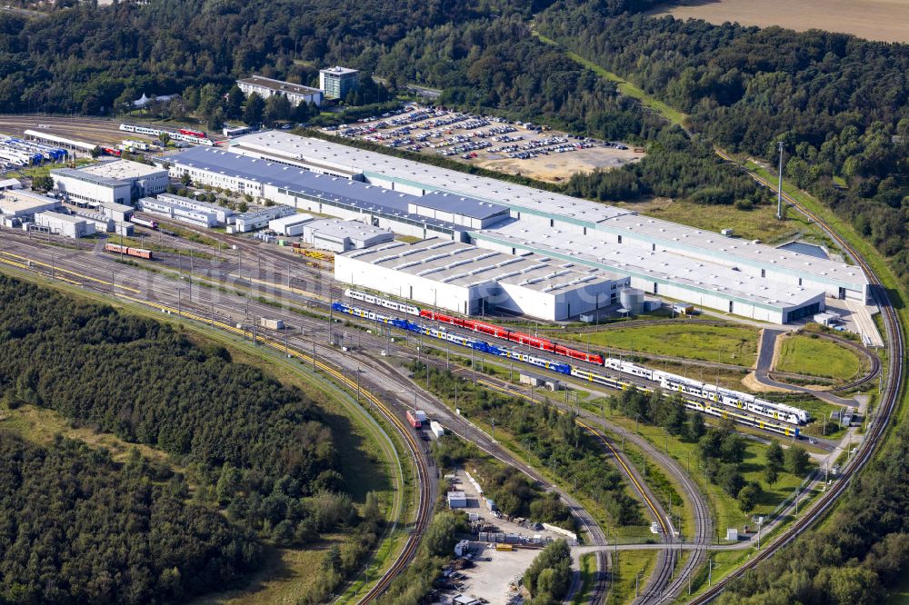 Aerial photograph Wegberg - Railway depot and repair shop for the maintenance and servicing of rail vehicles Pruef- and Validationscenter on street Friedrich-List-Allee in the district Wildenrath in Wegberg in the state North Rhine-Westphalia, Germany