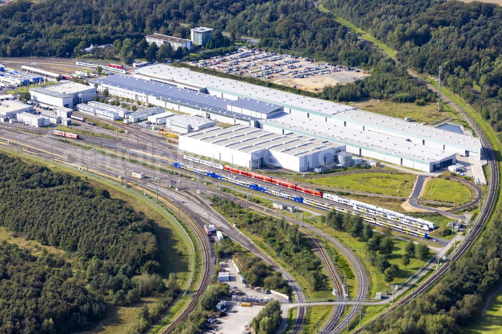 Wegberg from above - Railway depot and repair shop for the maintenance and servicing of rail vehicles Pruef- and Validationscenter on street Friedrich-List-Allee in the district Wildenrath in Wegberg in the state North Rhine-Westphalia, Germany