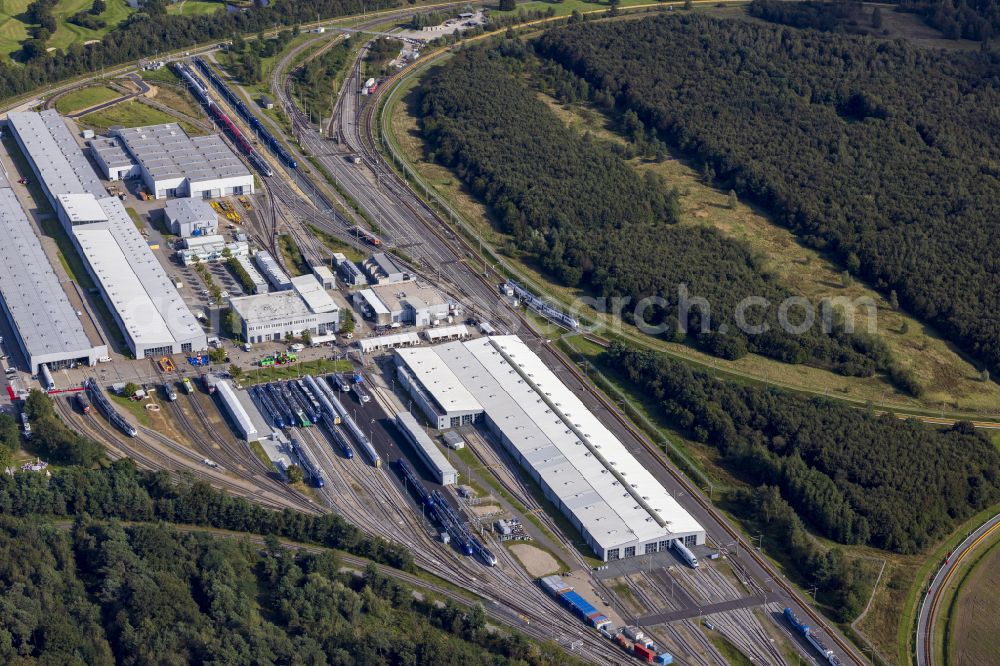 Aerial image Wegberg - Railway depot and repair shop for the maintenance and servicing of rail vehicles Pruef- and Validationscenter on street Friedrich-List-Allee in the district Wildenrath in Wegberg in the state North Rhine-Westphalia, Germany