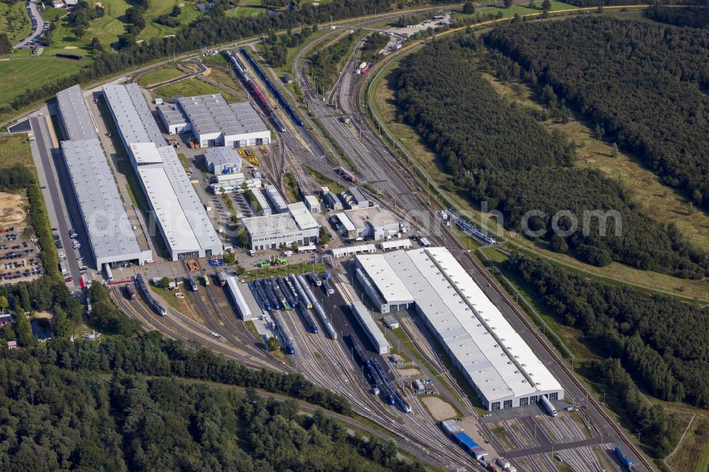 Aerial photograph Wegberg - Railway depot and repair shop for the maintenance and servicing of rail vehicles Pruef- and Validationscenter on street Friedrich-List-Allee in the district Wildenrath in Wegberg in the state North Rhine-Westphalia, Germany