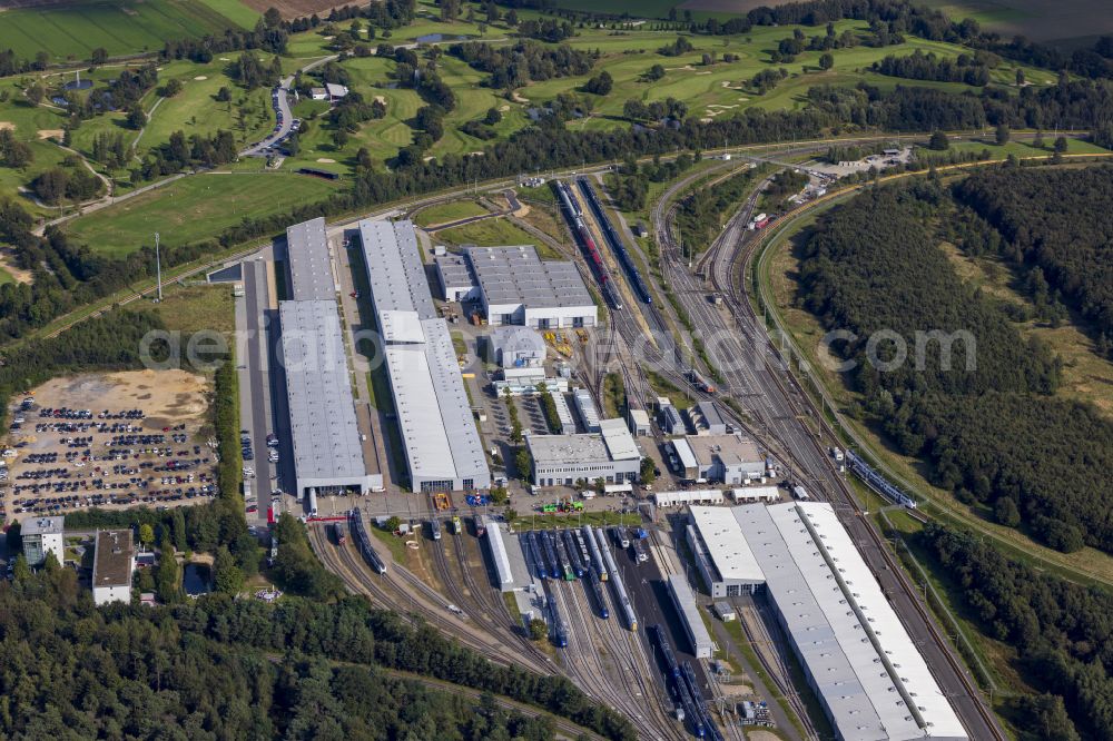 Wegberg from above - Railway depot and repair shop for the maintenance and servicing of rail vehicles Pruef- and Validationscenter on street Friedrich-List-Allee in the district Wildenrath in Wegberg in the state North Rhine-Westphalia, Germany