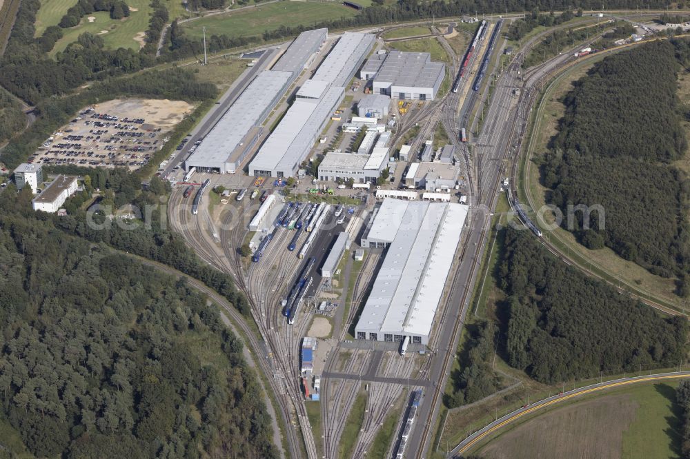 Wegberg from the bird's eye view: Railway depot and repair shop for the maintenance and servicing of rail vehicles Pruef- and Validationscenter on street Friedrich-List-Allee in the district Wildenrath in Wegberg in the state North Rhine-Westphalia, Germany