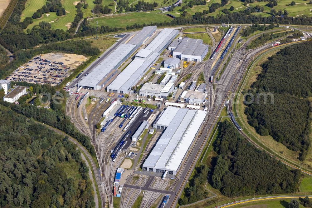 Aerial image Wegberg - Railway depot and repair shop for the maintenance and servicing of rail vehicles Pruef- and Validationscenter on street Friedrich-List-Allee in the district Wildenrath in Wegberg in the state North Rhine-Westphalia, Germany