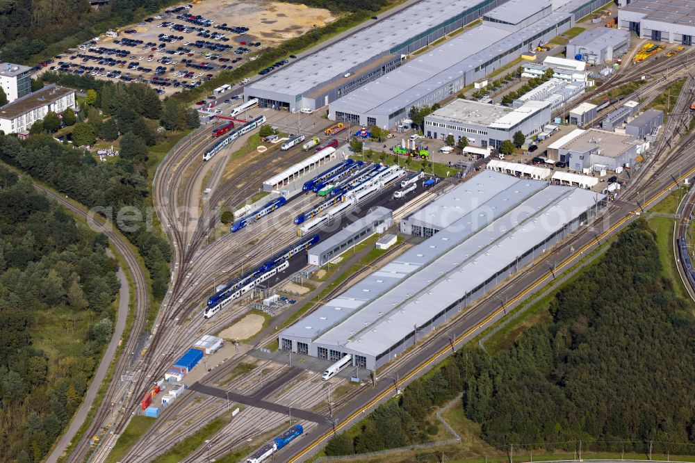 Aerial photograph Wegberg - Railway depot and repair shop for the maintenance and servicing of rail vehicles Pruef- and Validationscenter on street Friedrich-List-Allee in the district Wildenrath in Wegberg in the state North Rhine-Westphalia, Germany