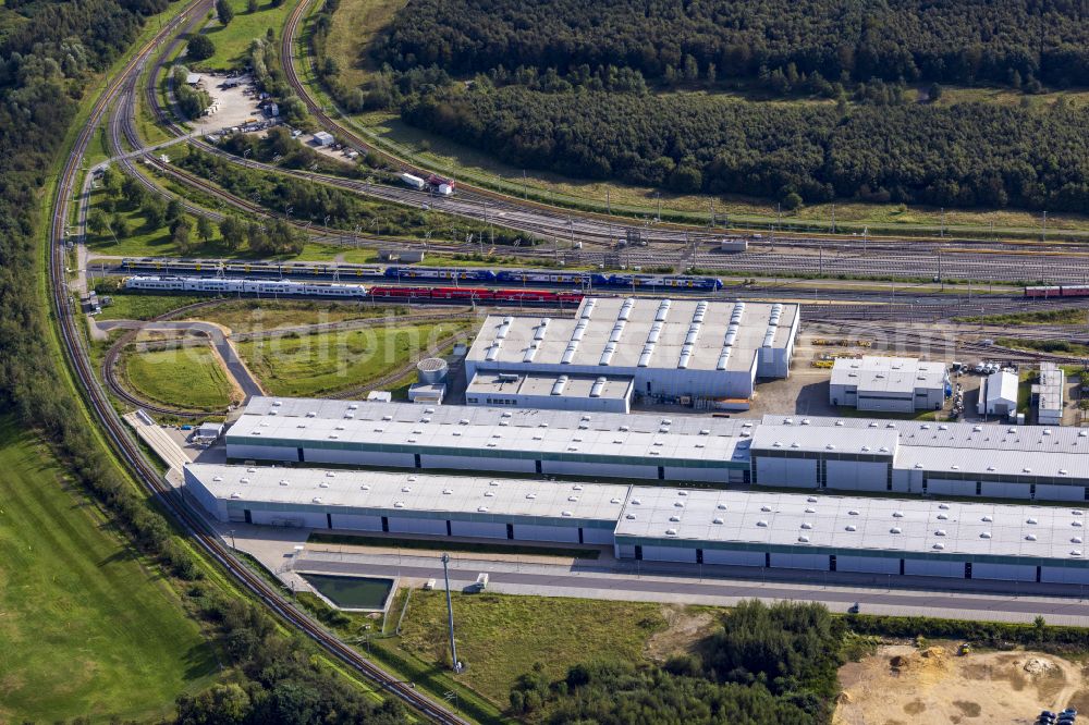 Aerial photograph Wegberg - Railway depot and repair shop for the maintenance and servicing of rail vehicles Pruef- and Validationscenter on street Friedrich-List-Allee in the district Wildenrath in Wegberg in the state North Rhine-Westphalia, Germany