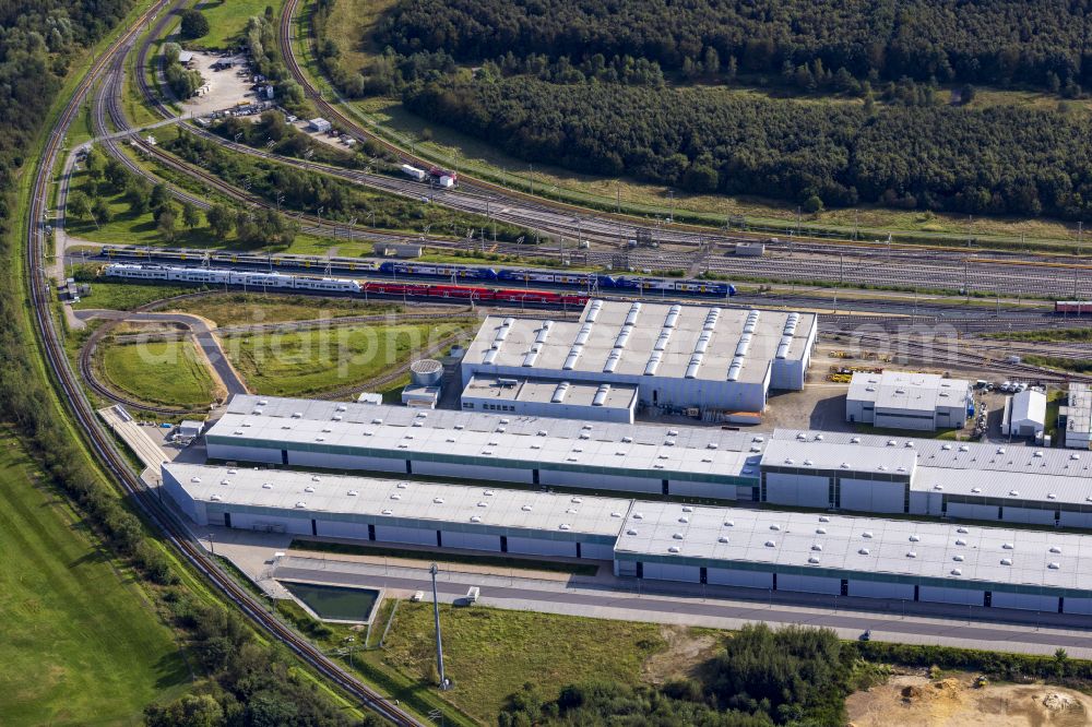 Wegberg from above - Railway depot and repair shop for the maintenance and servicing of rail vehicles Pruef- and Validationscenter on street Friedrich-List-Allee in the district Wildenrath in Wegberg in the state North Rhine-Westphalia, Germany