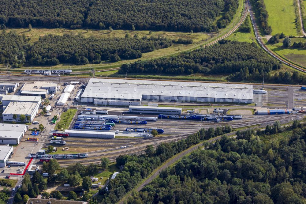 Aerial image Wegberg - Railway depot and repair shop for the maintenance and servicing of rail vehicles Pruef- and Validationscenter on street Friedrich-List-Allee in the district Wildenrath in Wegberg in the state North Rhine-Westphalia, Germany