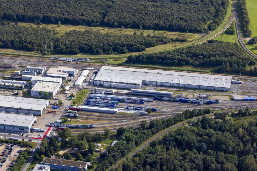 Aerial photograph Wegberg - Railway depot and repair shop for the maintenance and servicing of rail vehicles Pruef- and Validationscenter on street Friedrich-List-Allee in the district Wildenrath in Wegberg in the state North Rhine-Westphalia, Germany